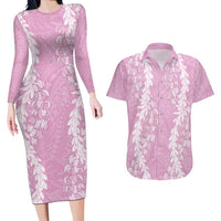 Puakenikeni and Maile Lei Couples Matching Long Sleeve Bodycon Dress and Hawaiian Shirt Pink Double Strand Lei LT9 Pink - Polynesian Pride