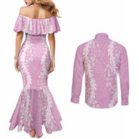 Puakenikeni and Maile Lei Couples Matching Mermaid Dress and Long Sleeve Button Shirt Pink Double Strand Lei