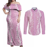 Puakenikeni and Maile Lei Couples Matching Off Shoulder Maxi Dress and Long Sleeve Button Shirt Pink Double Strand Lei