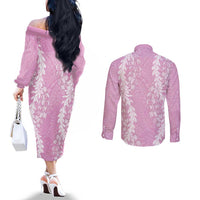 Puakenikeni and Maile Lei Couples Matching Off The Shoulder Long Sleeve Dress and Long Sleeve Button Shirt Pink Double Strand Lei