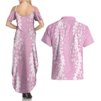 Puakenikeni and Maile Lei Couples Matching Summer Maxi Dress and Hawaiian Shirt Pink Double Strand Lei