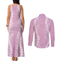 Puakenikeni and Maile Lei Couples Matching Tank Maxi Dress and Long Sleeve Button Shirt Pink Double Strand Lei