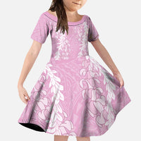 Puakenikeni and Maile Lei Family Matching Off Shoulder Maxi Dress and Hawaiian Shirt Pink Double Strand Lei LT9 Daughter's Dress Pink - Polynesian Pride