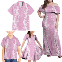 Puakenikeni and Maile Lei Family Matching Off Shoulder Maxi Dress and Hawaiian Shirt Pink Double Strand Lei LT9 - Polynesian Pride