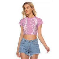 Puakenikeni and Maile Lei Raglan Cropped T Shirt Pink Double Strand Lei