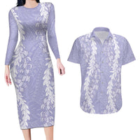 Puakenikeni and Maile Lei Couples Matching Long Sleeve Bodycon Dress and Hawaiian Shirt Purple Double Strand Lei LT9 Purple - Polynesian Pride