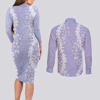 Puakenikeni and Maile Lei Couples Matching Long Sleeve Bodycon Dress and Long Sleeve Button Shirt Purple Double Strand Lei LT9 - Polynesian Pride
