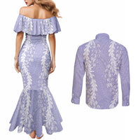 Puakenikeni and Maile Lei Couples Matching Mermaid Dress and Long Sleeve Button Shirt Purple Double Strand Lei