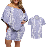 Puakenikeni and Maile Lei Couples Matching Off Shoulder Short Dress and Hawaiian Shirt Purple Double Strand Lei LT9 Purple - Polynesian Pride