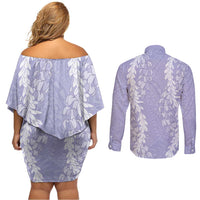 Puakenikeni and Maile Lei Couples Matching Off Shoulder Short Dress and Long Sleeve Button Shirt Purple Double Strand Lei
