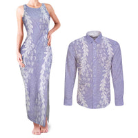 Puakenikeni and Maile Lei Couples Matching Tank Maxi Dress and Long Sleeve Button Shirt Purple Double Strand Lei
