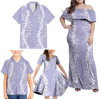 Puakenikeni and Maile Lei Family Matching Off Shoulder Maxi Dress and Hawaiian Shirt Purple Double Strand Lei LT9 - Polynesian Pride