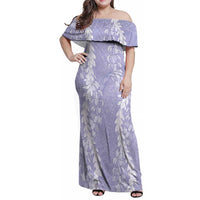 Puakenikeni and Maile Lei Family Matching Off Shoulder Maxi Dress and Hawaiian Shirt Purple Double Strand Lei LT9 Mom's Dress Purple - Polynesian Pride