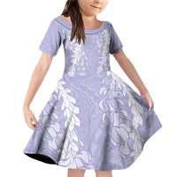 Hawaii Puakenikeni & Maile Lei – Family Matching Off-Shoulder Dress & Hawaiian Shirt – Purple Double Strand Lei LT9 Daughter's Dress Purple - Polynesian Pride
