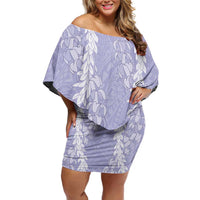 Hawaii Puakenikeni & Maile Lei – Family Matching Off-Shoulder Dress & Hawaiian Shirt – Purple Double Strand Lei LT9 Mom's Dress Purple - Polynesian Pride