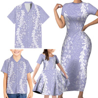 Puakenikeni and Maile Lei Family Matching Short Sleeve Bodycon Dress and Hawaiian Shirt Purple Double Strand Lei LT9 - Polynesian Pride