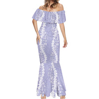 Puakenikeni and Maile Lei Mermaid Dress Purple Double Strand Lei