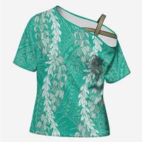 Puakenikeni and Maile Lei Cross Shoulder Shirt Sage Green Double Strand Lei - Polynesian Pride