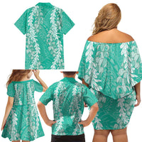 Puakenikeni and Maile Lei Family Matching Off Shoulder Short Dress and Hawaiian Shirt Sage Green Double Strand Lei LT9 - Polynesian Pride