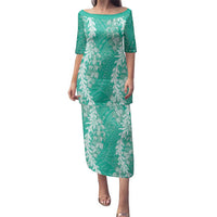 Puakenikeni and Maile Lei Family Matching Puletasi and Hawaiian Shirt Sage Green Double Strand Lei LT9 Mom's Dress Sage Green - Polynesian Pride