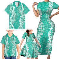 Puakenikeni and Maile Lei Family Matching Short Sleeve Bodycon Dress and Hawaiian Shirt Sage Green Double Strand Lei LT9 - Polynesian Pride
