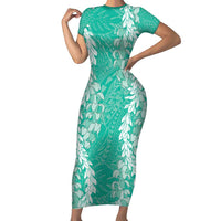 Puakenikeni and Maile Lei Family Matching Short Sleeve Bodycon Dress and Hawaiian Shirt Sage Green Double Strand Lei LT9 Mom's Dress Sage Green - Polynesian Pride