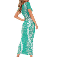 Puakenikeni and Maile Lei Family Matching Short Sleeve Bodycon Dress and Hawaiian Shirt Sage Green Double Strand Lei LT9 - Polynesian Pride