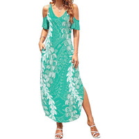 Puakenikeni and Maile Lei Family Matching Summer Maxi Dress and Hawaiian Shirt Sage Green Double Strand Lei LT9 Mom's Dress Sage Green - Polynesian Pride