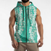 Puakenikeni and Maile Lei Sleeveless Zip Hoodie Sage Green Double Strand Lei - Polynesian Pride