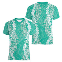 Puakenikeni and Maile Lei Women V-Neck T-Shirt Sage Green Double Strand Lei