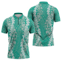 Puakenikeni and Maile Lei Zipper Polo Shirt Sage Green Double Strand Lei - Polynesian Pride