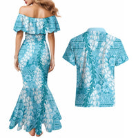 Blue Puakenikeni and Maile Lei Couples Matching Mermaid Dress and Hawaiian Shirt Hawaiian Style Tribal Tapa Double Strand Lei LT9 - Polynesian Pride