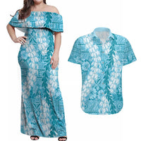 Blue Puakenikeni and Maile Lei Couples Matching Off Shoulder Maxi Dress and Hawaiian Shirt Hawaiian Style Tribal Tapa Double Strand Lei LT9 Blue - Polynesian Pride