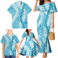 Blue Puakenikeni and Maile Lei Family Matching Mermaid Dress and Hawaiian Shirt Hawaiian Style Tribal Tapa Double Strand Lei LT9 - Polynesian Pride