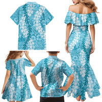 Blue Puakenikeni and Maile Lei Family Matching Mermaid Dress and Hawaiian Shirt Hawaiian Style Tribal Tapa Double Strand Lei LT9 - Polynesian Pride
