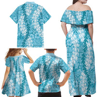 Blue Puakenikeni and Maile Lei Family Matching Off Shoulder Maxi Dress and Hawaiian Shirt Hawaiian Style Tribal Tapa Double Strand Lei LT9 - Polynesian Pride
