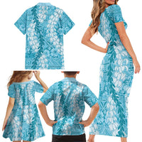 Blue Puakenikeni and Maile Lei Family Matching Short Sleeve Bodycon Dress and Hawaiian Shirt Hawaiian Style Tribal Tapa Double Strand Lei LT9 - Polynesian Pride