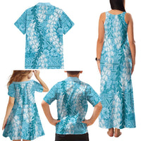 Blue Puakenikeni and Maile Lei Family Matching Tank Maxi Dress and Hawaiian Shirt Hawaiian Style Tribal Tapa Double Strand Lei LT9 - Polynesian Pride