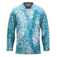Blue Puakenikeni and Maile Lei Hockey Jersey Hawaiian Style Tribal Tapa Double Strand Lei - Polynesian Pride