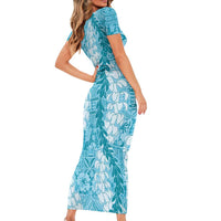 Blue Puakenikeni and Maile Lei Short Sleeve Bodycon Dress Hawaiian Style Tribal Tapa Double Strand Lei LT9 - Polynesian Pride