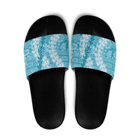 Blue Puakenikeni and Maile Lei Slide Sandals Hawaiian Style Tribal Tapa Double Strand Lei - Polynesian Pride