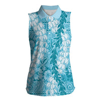 Blue Puakenikeni and Maile Lei Women Sleeveless Polo Shirt Hawaiian Style Tribal Tapa Double Strand Lei LT9 Female Blue - Polynesian Pride