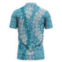 Blue Puakenikeni and Maile Lei Zipper Polo Shirt Hawaiian Style Tribal Tapa Double Strand Lei LT9 - Polynesian Pride