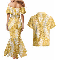 Gold Puakenikeni and Maile Lei Couples Matching Mermaid Dress and Hawaiian Shirt Hawaiian Style Tribal Tapa Double Strand Lei LT9 - Polynesian Pride