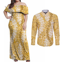 Gold Puakenikeni and Maile Lei Couples Matching Off Shoulder Maxi Dress and Long Sleeve Button Shirt Hawaiian Style Tribal Tapa Double Strand Lei LT9 Gold - Polynesian Pride