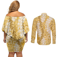 Gold Puakenikeni and Maile Lei Couples Matching Off Shoulder Short Dress and Long Sleeve Button Shirt Hawaiian Style Tribal Tapa Double Strand Lei LT9 - Polynesian Pride