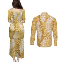 Gold Puakenikeni and Maile Lei Couples Matching Puletasi and Long Sleeve Button Shirt Hawaiian Style Tribal Tapa Double Strand Lei LT9 - Polynesian Pride