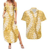 Gold Puakenikeni and Maile Lei Couples Matching Summer Maxi Dress and Hawaiian Shirt Hawaiian Style Tribal Tapa Double Strand Lei LT9 Gold - Polynesian Pride
