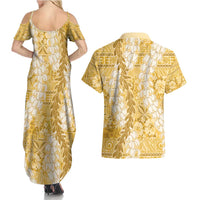 Gold Puakenikeni and Maile Lei Couples Matching Summer Maxi Dress and Hawaiian Shirt Hawaiian Style Tribal Tapa Double Strand Lei LT9 - Polynesian Pride