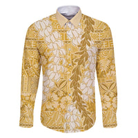 Gold Puakenikeni and Maile Lei Family Matching Off Shoulder Short Dress and Hawaiian Shirt Hawaiian Style Tribal Tapa Double Strand Lei LT9 Dad's Shirt - Long Sleeve Gold - Polynesian Pride